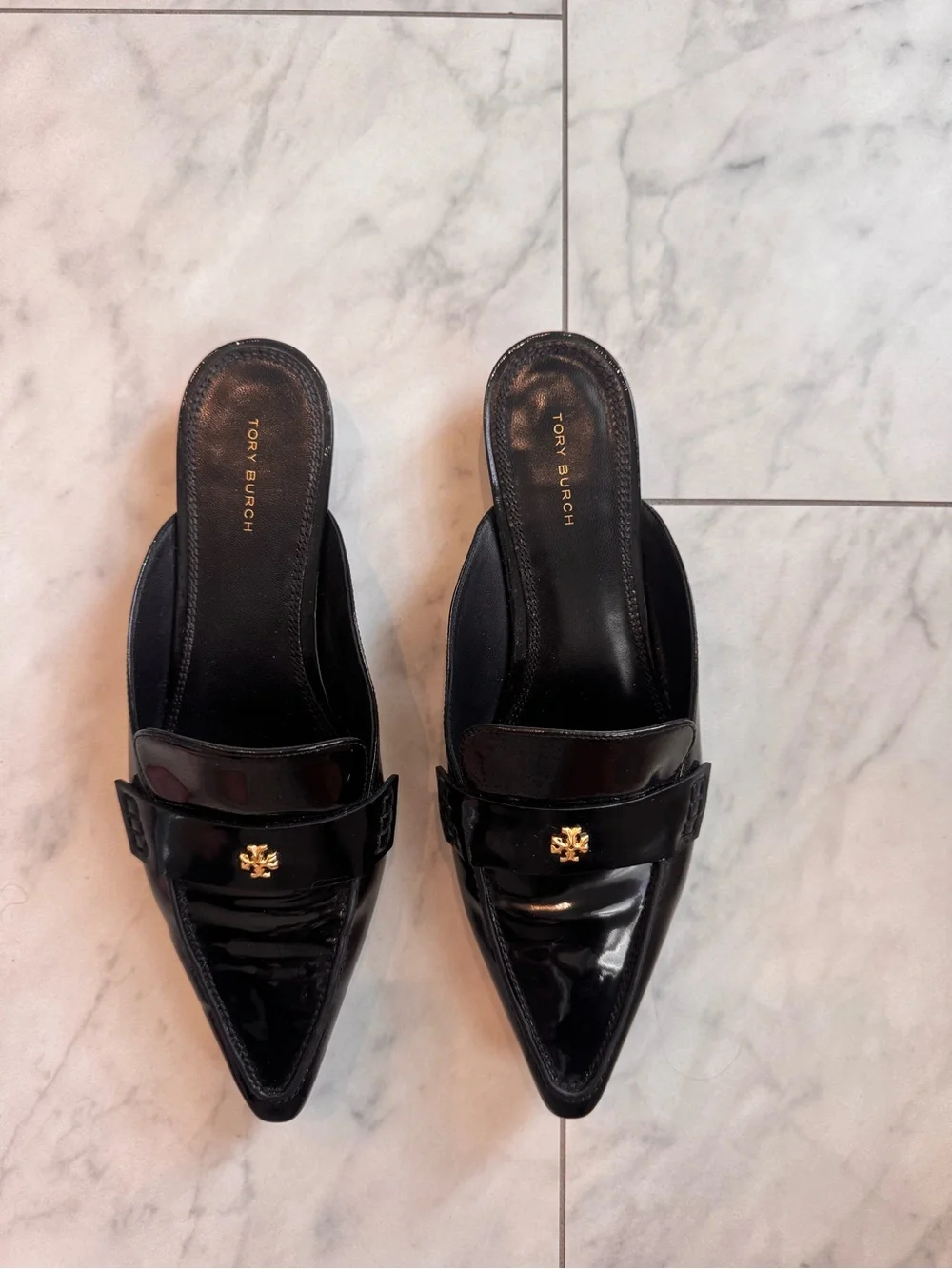 Tory Burch Black Patent Pointed Slip-On Mules with Gold Logo